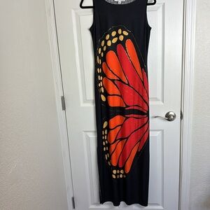 Women's NIKKI POULOS Elegant Black, Gold  and Orange Butterfly Dress - Size S